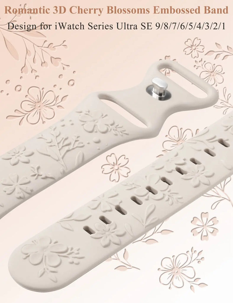 Embossed Floral Band for Apple Watch 41mm 40mm 38mm Cherry Blossoms Women Silicone Strap for iWatch 9/8/7/SE/6/5/4/3/2