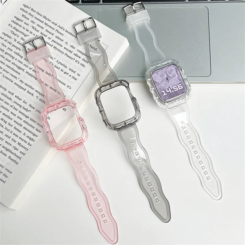 Glitter Clear Strap&Case For Apple Watch Band Ultra 44mm 45mm 40mm 41mm 49mm Sports Transparent Bracelet For iWatch Series 9 8 7