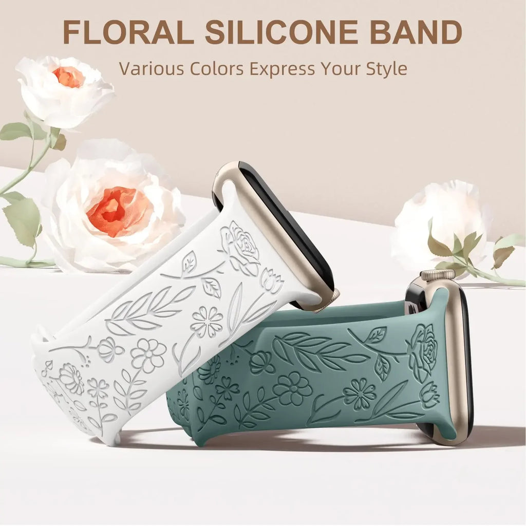 Engraved Floral Silicone Strap for Apple Watch Ultra 2 Band 49mm 45mm 40mm 41mm Bracelet Fashion IWatch Series 9 8/7/6/5/4/3/se