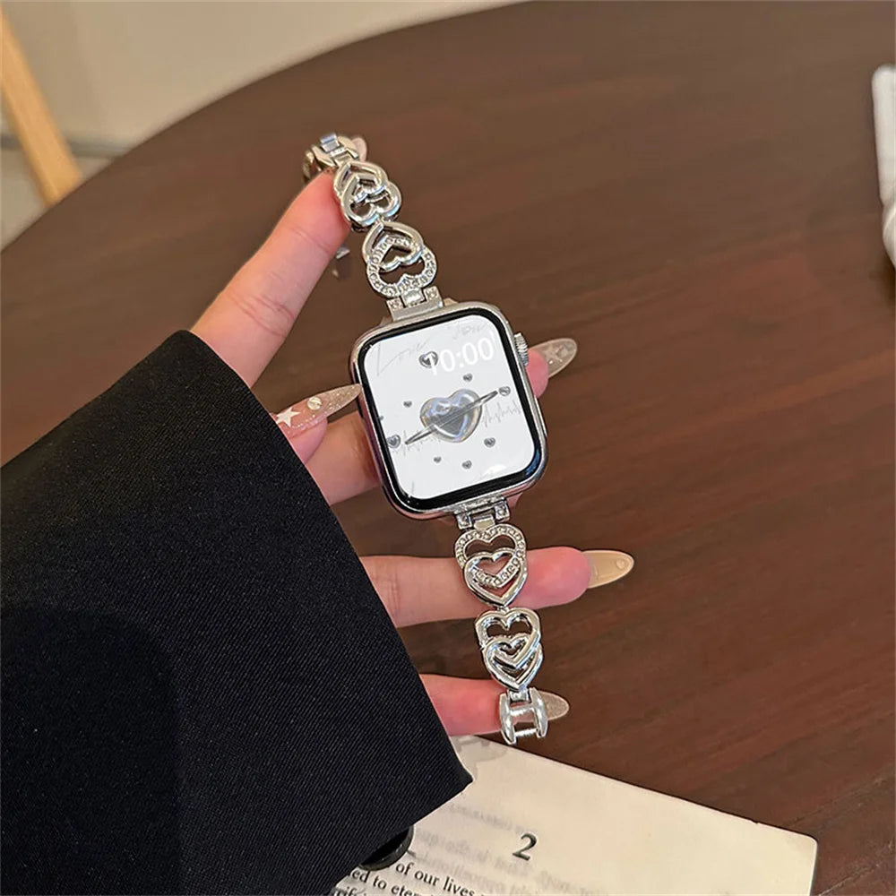 Strap Compatible For Apple Watch 40mm 41mm Lover Heart Bling Band For Women Shiny Diamond Bracelet For iWatch 9 8 7 6 SE 5 45mm