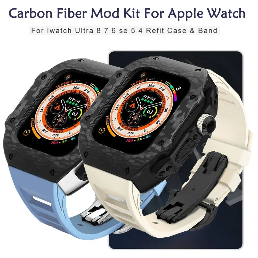 Luxury Carbon Fiber Case Modification Kit for Apple Watch Ultra 2 49mm 44mm 45mm Case Fluororubber Strap for Iwatch 9 8 7 6 SE 5