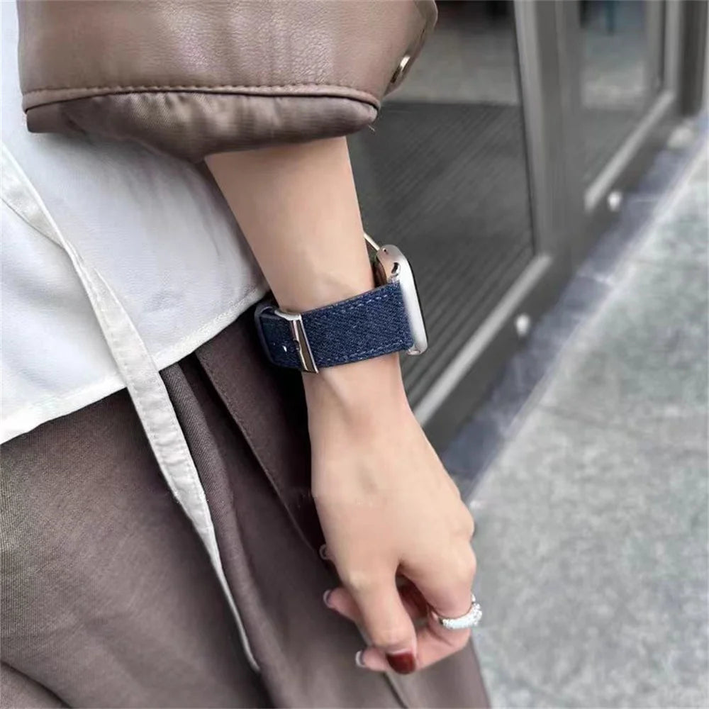 Denim Cloth Leather Strap for Apple Watch Band 38/40/41mm 7 8 9 Bracelet Loop for Iwatch 6 SE 5 49Ultra 3 2 42/44/45mm Cor