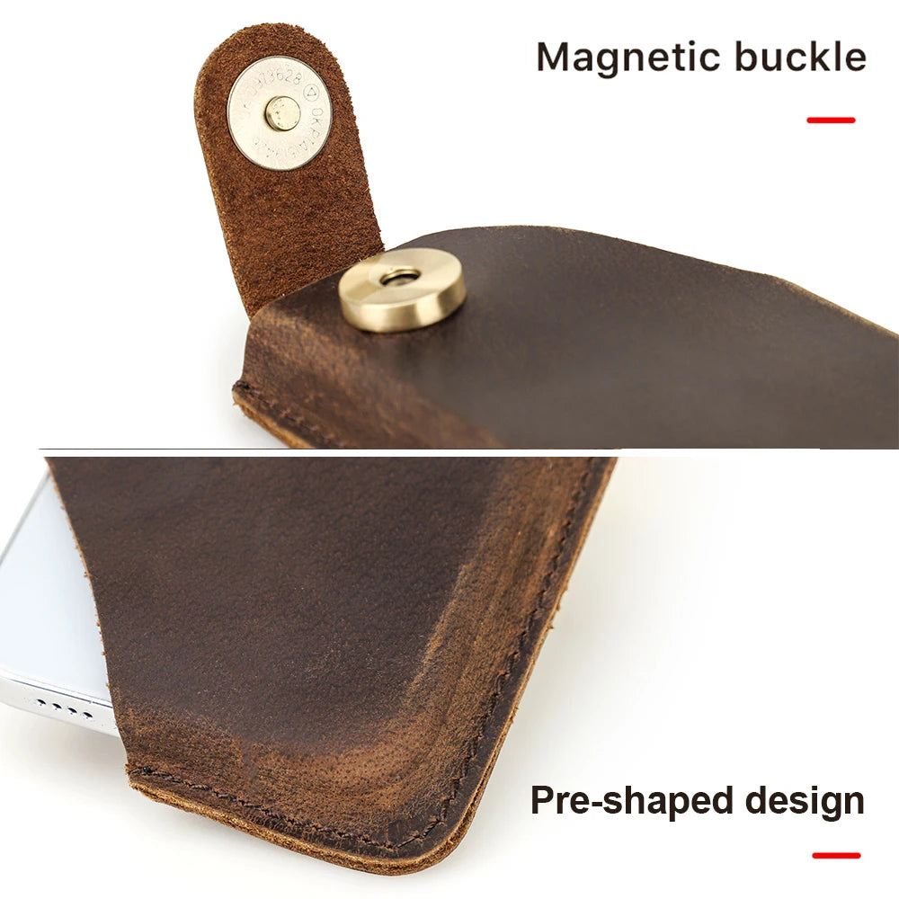 100% Nubuck Leather Men Phone Waist Case Bag for iPhone 16 15 14 13 Magnetic Button Cellphone Belt Clip Holster