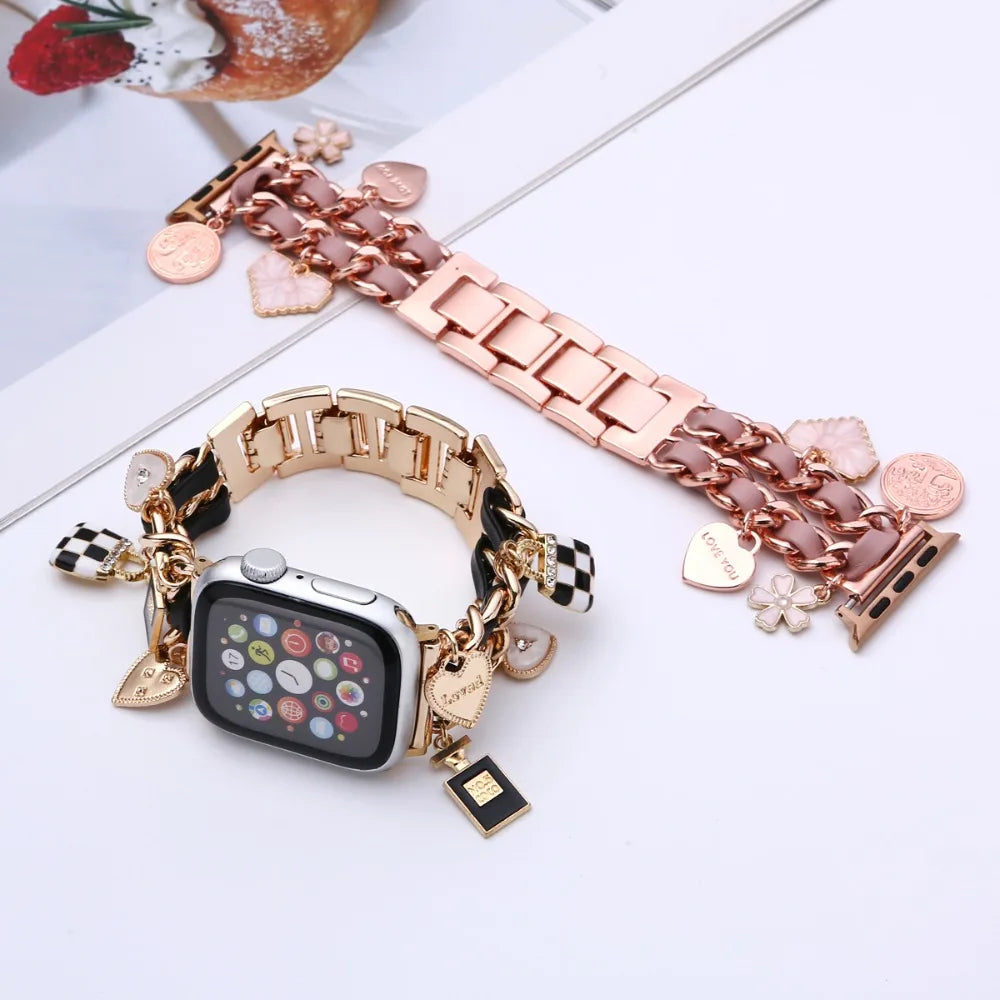 Women Metal+leather Strap for Apple Watch 9 8 7 41mm 45mm Cute Bracelet for Iwatch Series 6 5 4 Se 3 2 44mm 40mm 38mm 42mm Band