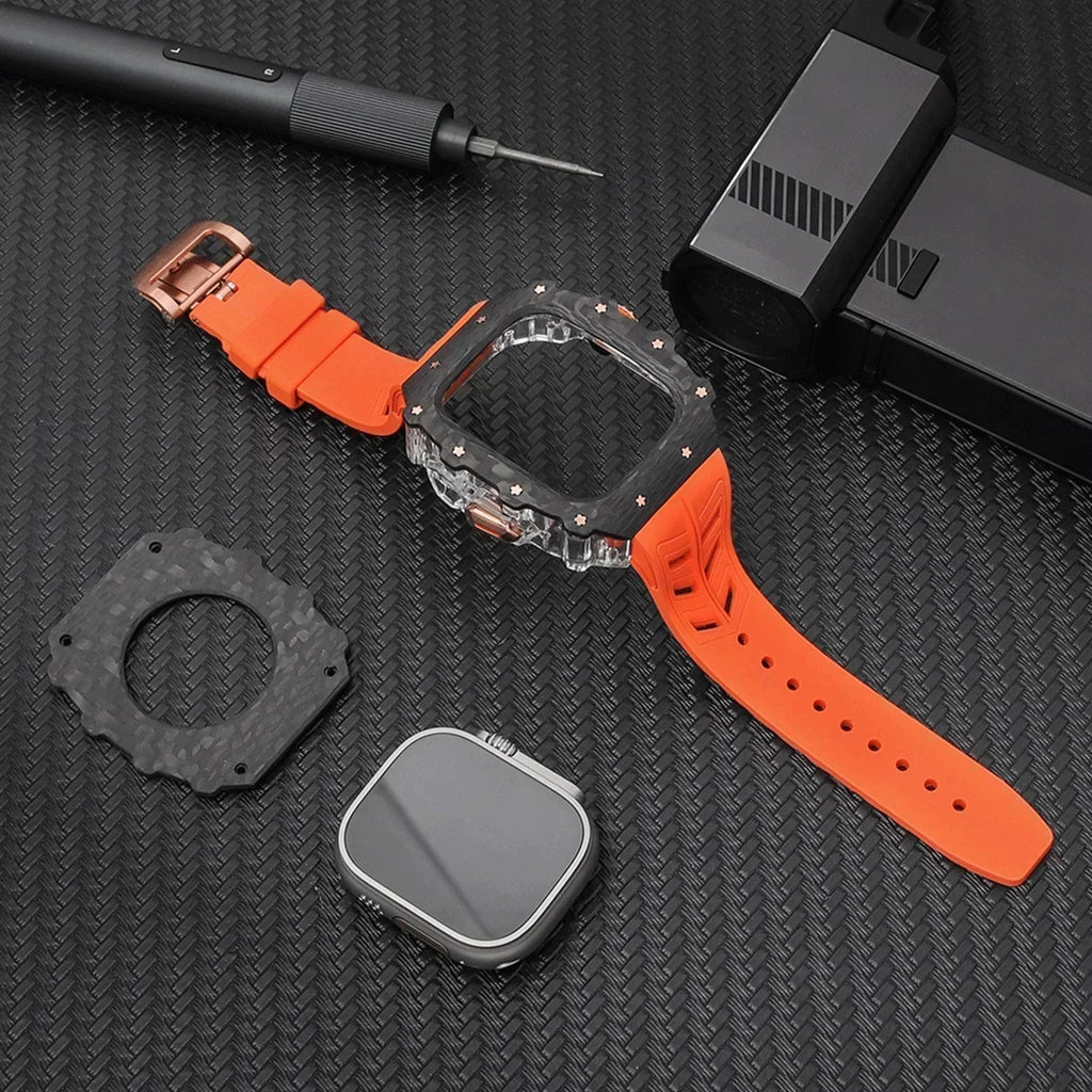 Luxury Carbon Fiber Case for Apple Watch Ultra 2 Band 49mm 44 45mm Bezel Rubber Strap Modification Kit Iwatch Series 9 8 7 6 5 4