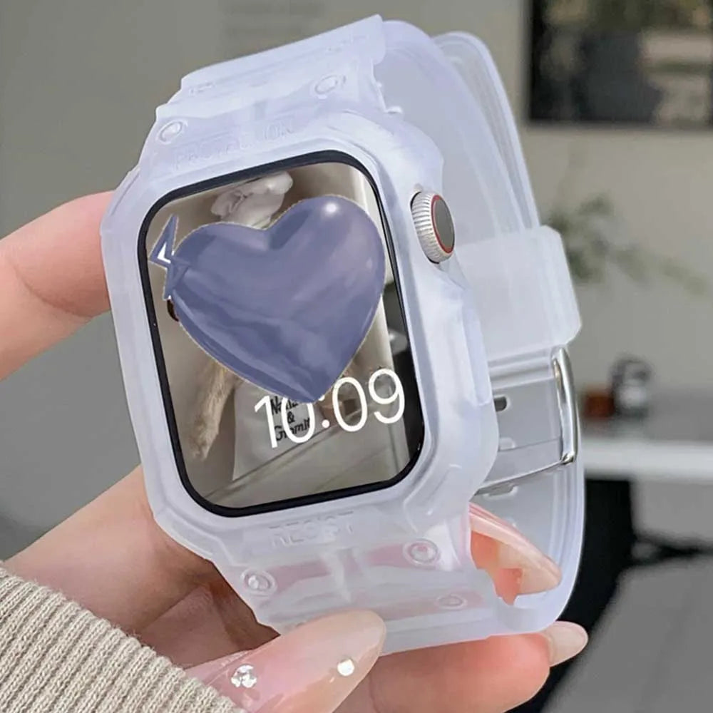 TPU Sport Clear Band+Case For Apple Watch Straps 41mm 45mm 38mm 40mm 44mm 42mm Clear Silicone Strap For iWatch 9 8 7 6 SE 5 4 3