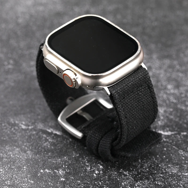 Double Canvas For Apple Watch Ultra Strap 49MM 45MM 44MM Thickened Green Black Men Rugged Style Bracelet