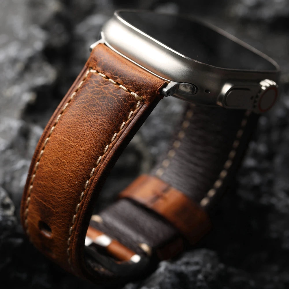 Handmade Holvin Cowhide Leather Strap for iWatch Apple Genuine Leather Ultra2 49MM 44MM 42MM Brown Vintage Aged Watch Strap for