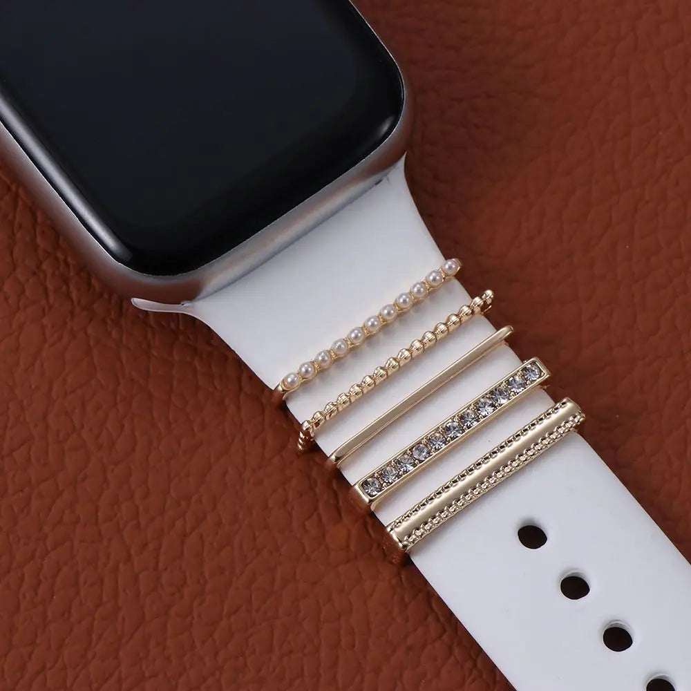 Pearl Diamond Metal Charms Decorative Ring For Apple Watch Band Smart Watch Silicone Strap Accessories For iwatch Bracelet