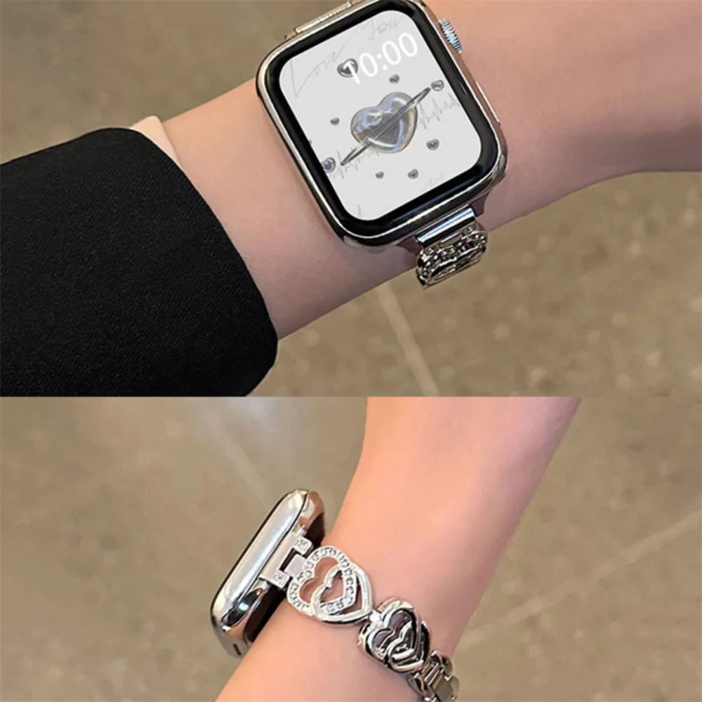 Strap Compatible For Apple Watch 40mm 41mm Lover Heart Bling Band For Women Shiny Diamond Bracelet For iWatch 9 8 7 6 SE 5 45mm