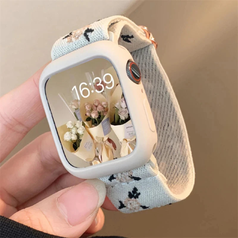 Retro Flower Strap+Case For Apple Watch Band 49mm 40mm 44mm 45mm 41mm 38 42mm Elastic Nylon Band For iWatch Serie 3 4 5 6 SE 7 8