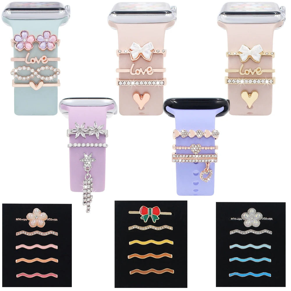 Pearl Diamond Metal Charms Decorative Ring For Apple Watch Band Smart Watch Silicone Strap Accessories For iwatch Bracelet