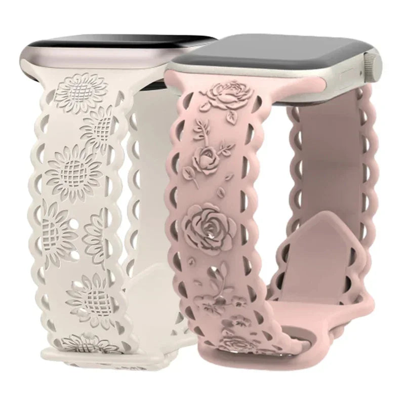 Engraved Floral Strap for Apple Watch Ultra2 49mm 45 44 42 41 40mm 38mm Silicone Band for IWatch Series 9/8/7/6/5/4/3/2/SE Ultra