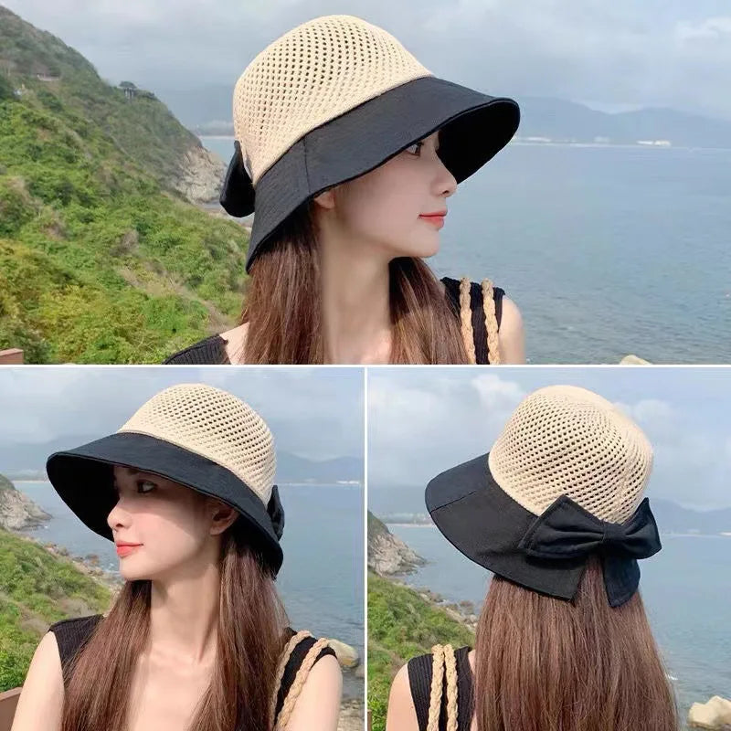 Outdoor UV Protection Sun Hat Summer Women's Bucket Foldable Basin Sunscreen Cap Bow Hollow Stitching Panama Hats Fisherman