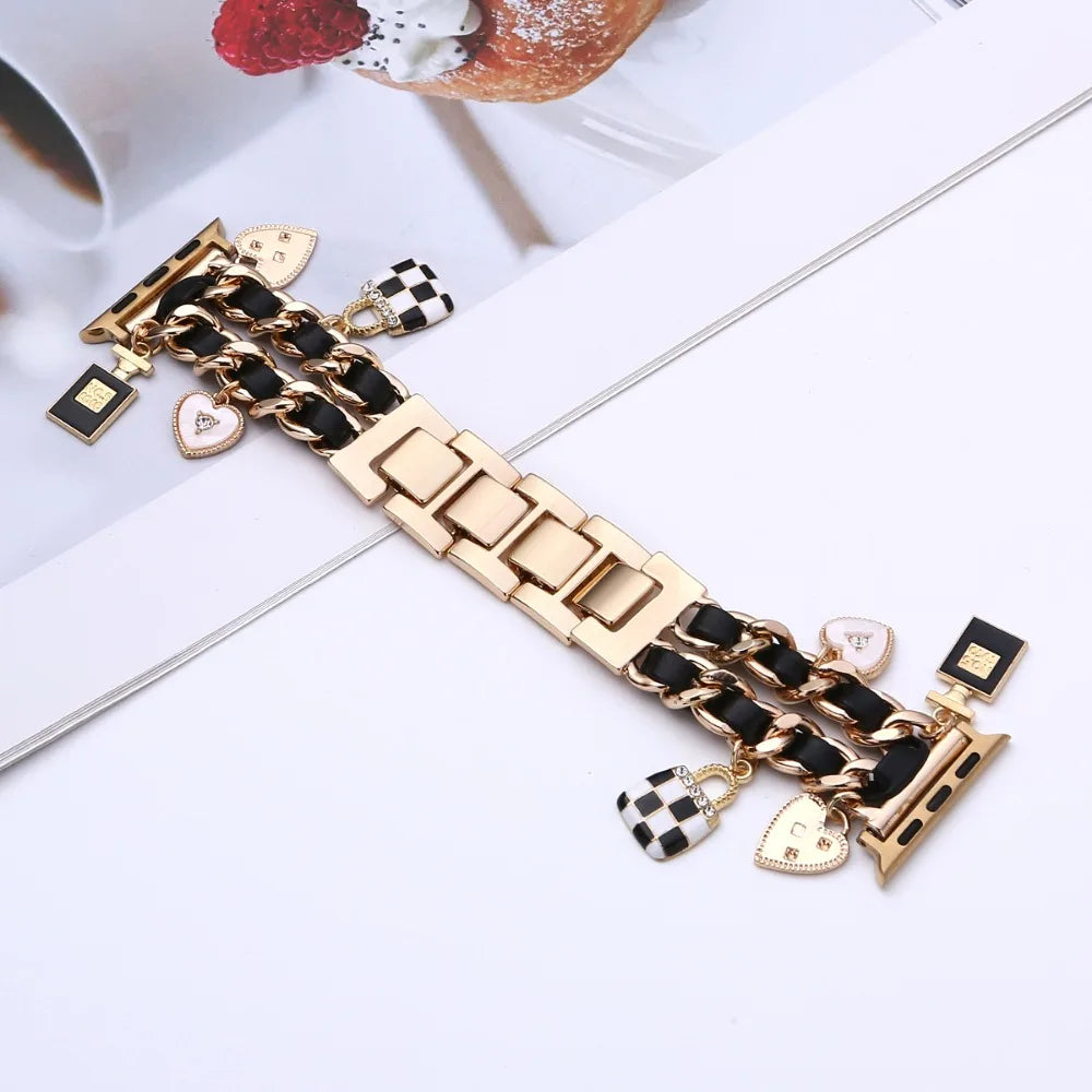 Women Metal+leather Strap for Apple Watch 9 8 7 41mm 45mm Cute Bracelet for Iwatch Series 6 5 4 Se 3 2 44mm 40mm 38mm 42mm Band