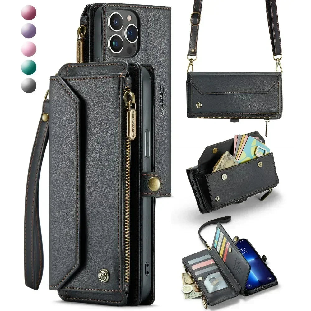 Long Crossbody Wallet Phone Case for IPhone 16 15 14 13 12 Pro Max Plus Promax Card Slot Holder Lanyard Leather Cover