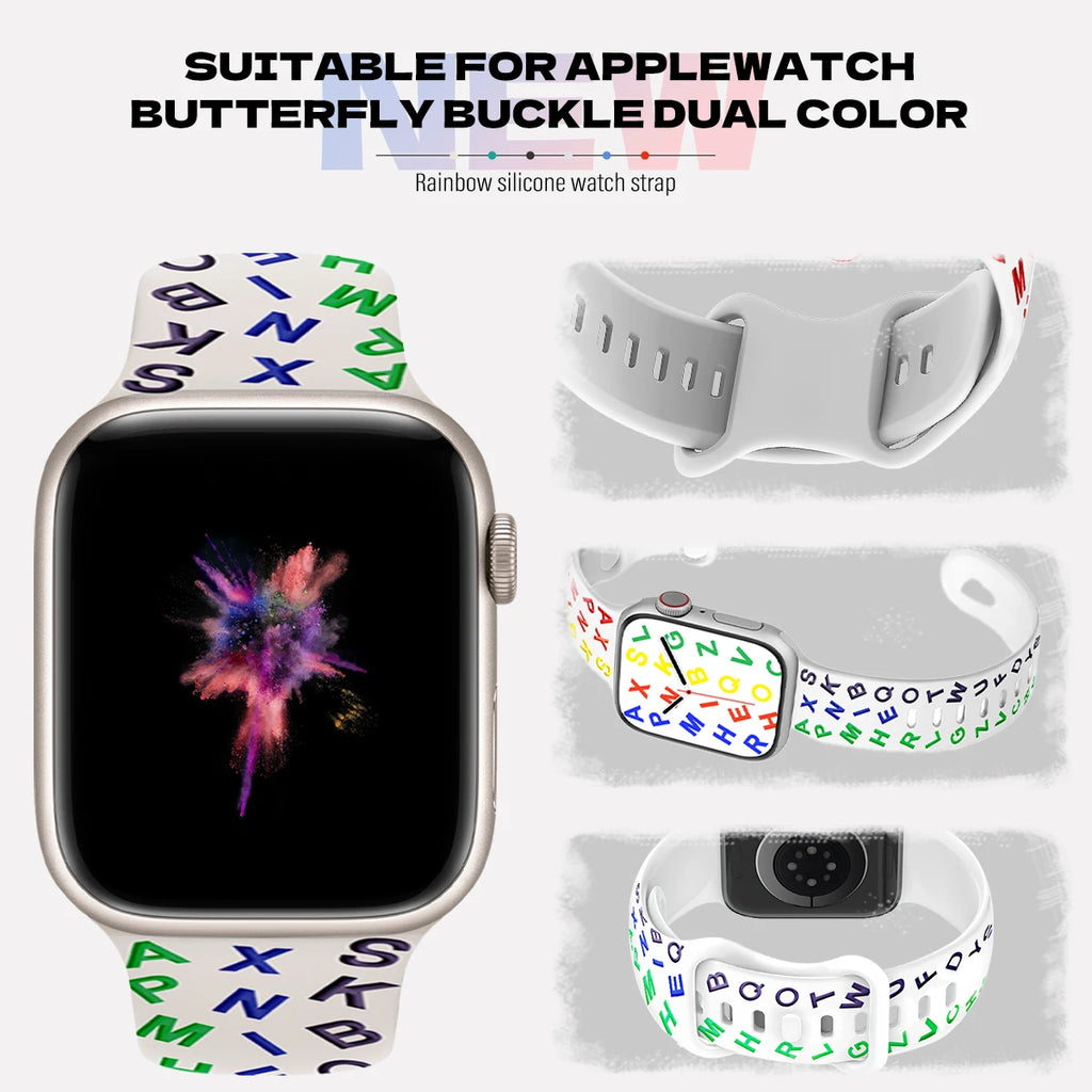 Printed Letter Strap for Apple Watch Ultra 2 Band 49mm 41mm 40mm 45mm 44mm Silicone Bracelet for IWatch Series 9 8 7 SE 6 5 4 3