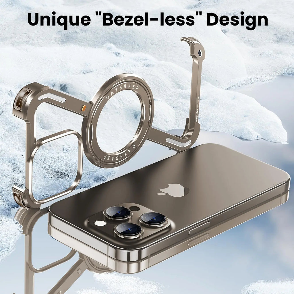 Z Shape Aluminum Alloy Rimless Magnetic Phone Case For iphone 16 15 14 13 Plus Pro Max Metal Stand Magsafe Buffer Hard Cover