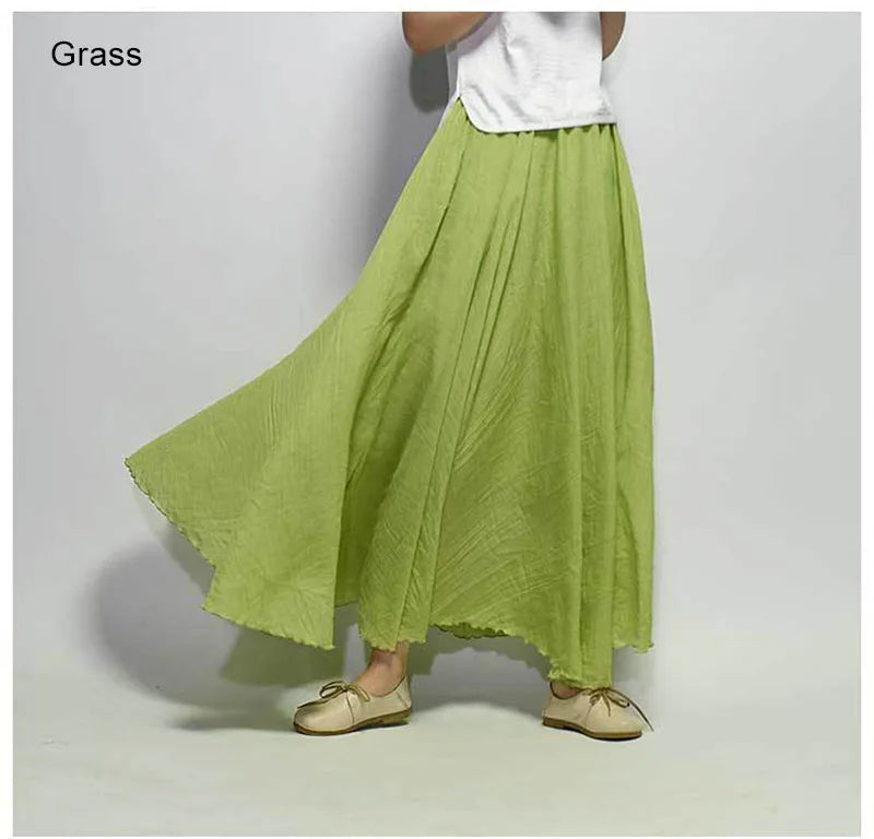 Women's Elegant High Waist Linen Maxi Skirt 2023 Summer Ladies Casual Elastic Waist 2 Layers Skirts saia feminina 20 Colors