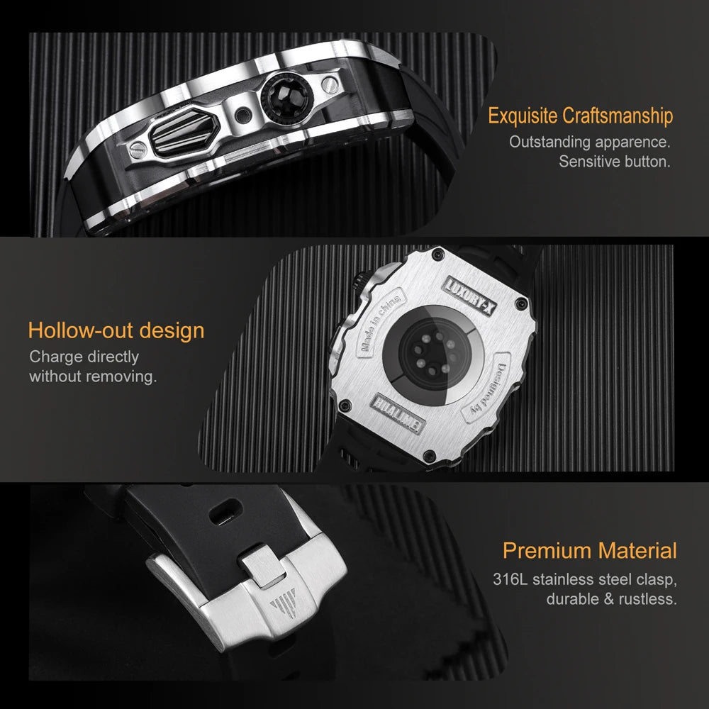 Luxury Modification Mod Kit for Apple Watch Band Case 8 7 45mm Metal Bezel Frame Fluorine Rubber Strap for IWatch SE 6 5 4 44mm