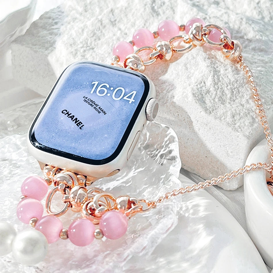 Metal Strap For Apple Watch UItra 8 7 49mm 45mm 44mm Luxury Crystal Pearl Bracelet For iWatch Series 6 5 SE 42mm 40mm 38mm Band