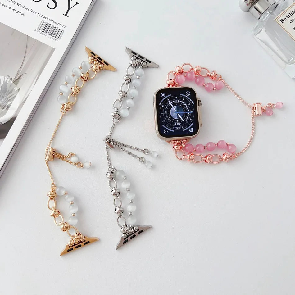 Metal Strap For Apple Watch UItra 8 7 49mm 45mm 44mm Luxury Crystal Pearl Bracelet For iWatch Series 6 5 SE 42mm 40mm 38mm Band