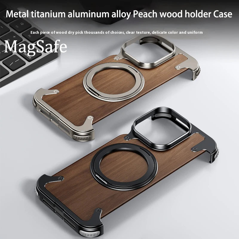 For iPhone 16 15 14 Pro Max Case 360°Rotating Magnetic Magsafe Car Phone Holder Walnut Wood Metal framework Protective cover