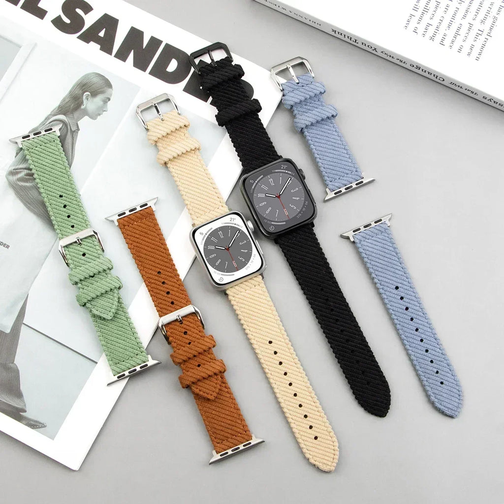 Nylon Strap For Apple Watch Band Ultra 2 49mm 44mm 45mm 41mm 40mm 42mm Corduroy Correa for Iwatch Series 9 8 7 6 SE 5 4 Bracelet