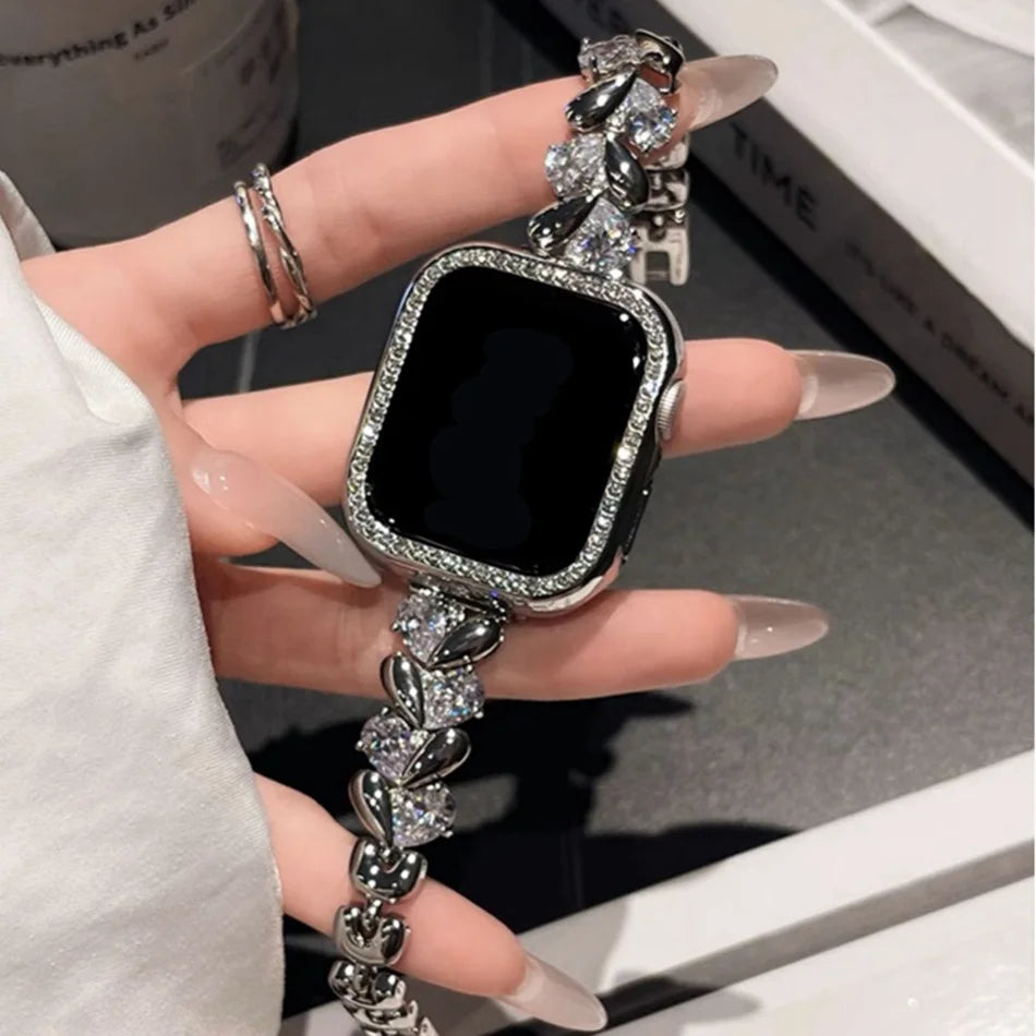 Love Diamond Strap For Apple Watch Series 9 8 7 6 5 SE 4 3 38/40/41/42/44/45mm Luxury Glitter Metal Band For iWatch UItra 2 49mm