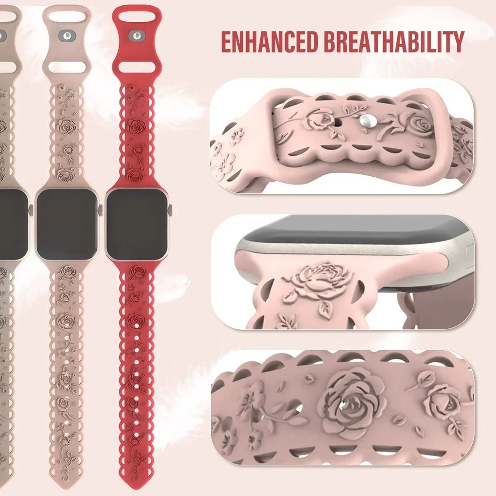 Engraved Floral Strap for Apple Watch Ultra2 49mm 45 44 42 41 40mm 38mm Silicone Band for IWatch Series 9/8/7/6/5/4/3/2/SE Ultra