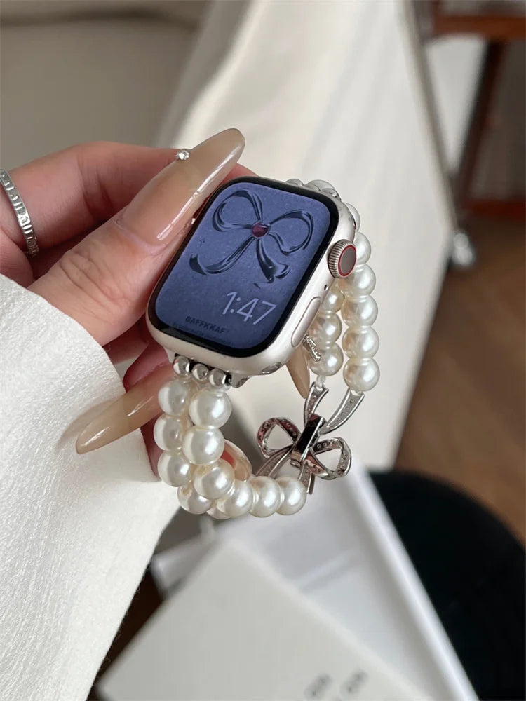 Luxury Pearl Chain Band For iWatch Ultra 9 8 7 42mm 45mm 49mm Diamond Bow Women Bracelet Strap For Apple Watch 38mm 41mm 6 5 SE