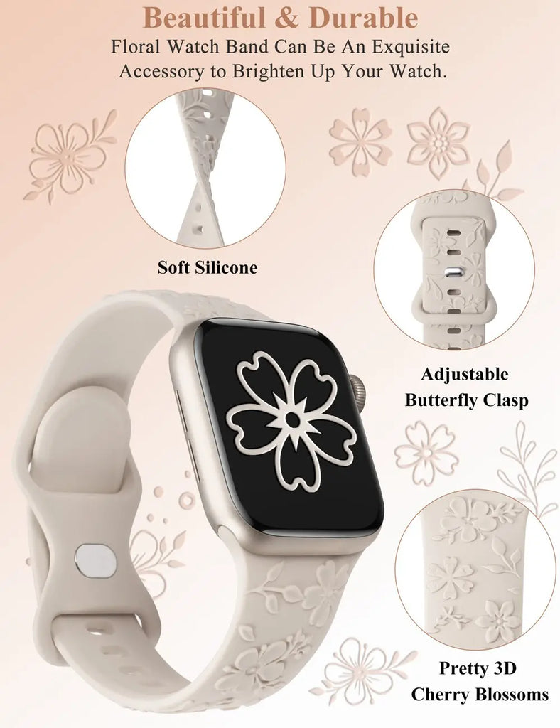 Embossed Floral Band for Apple Watch 41mm 40mm 38mm Cherry Blossoms Women Silicone Strap for iWatch 9/8/7/SE/6/5/4/3/2