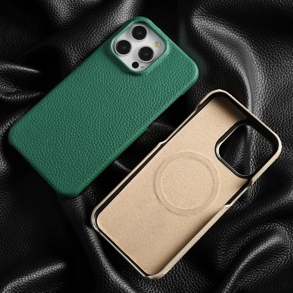 Magsafe Case for iPhone 15 16 Pro Max Promax 16Pro Natural Cowhide Lychee Leather Magnetic Protector Luxury Phone Back Cover