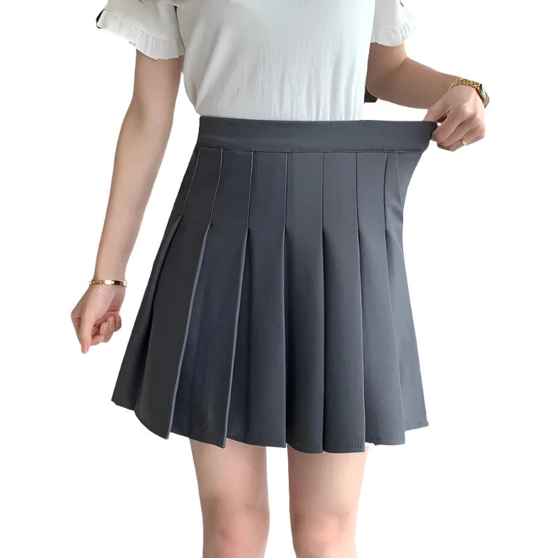 Korean Elastic High Waist Pleated Skirt Woman Black Gray Short A