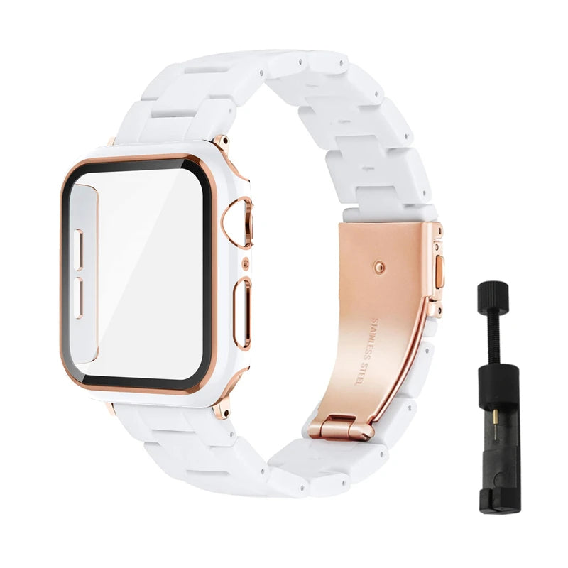 Resin Strap+Case For Apple Watch Band Series9 8 7 45mm 41mm Screen Protector Bands iWatch SE 6 5 4 44mm 40mm Bracelet