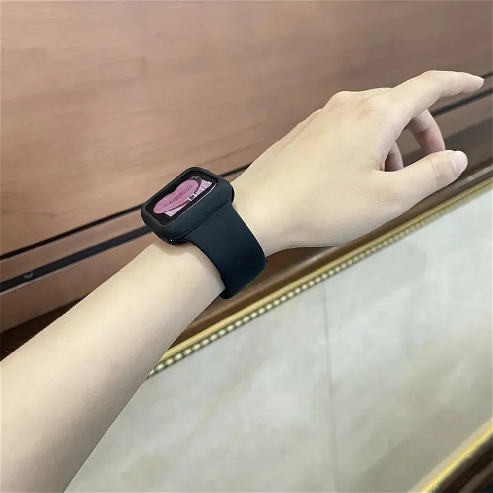 Korean Cute Sport Silicone Band + Case For Apple Watch 9 8 7 6 SE 5 4 3 2 Women Strap For iWatch Strap 41 45 38mm 40mm 44 42 49