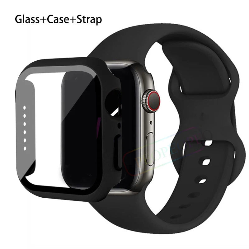 Glass+Case+Strap For Apple Watch band 44mm 41mm 45mm 40mm 38mm 42mm Silicone bracelet iWatch series 9 8 3 4 5 6 se 7 watchbands