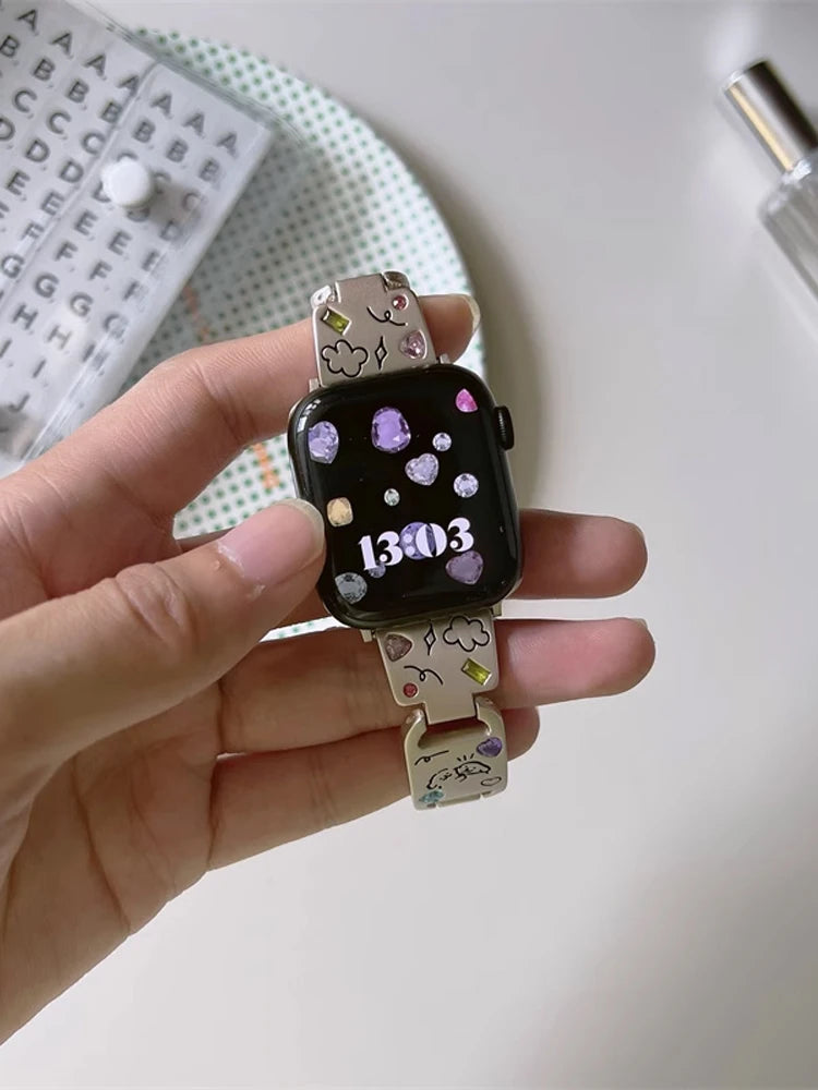 Cute Dog Glossy Metal Band For iWatch Ultra 9 8 7 42mm 45mm 49mm Diamond Bracelet Strap For Apple Watch 38mm 40mm 41mm 6 5 SE 4