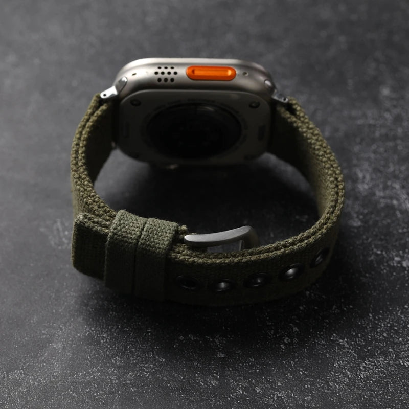 Double Canvas For Apple Watch Ultra Strap 49MM 45MM 44MM Thickened Green Black Men Rugged Style Bracelet