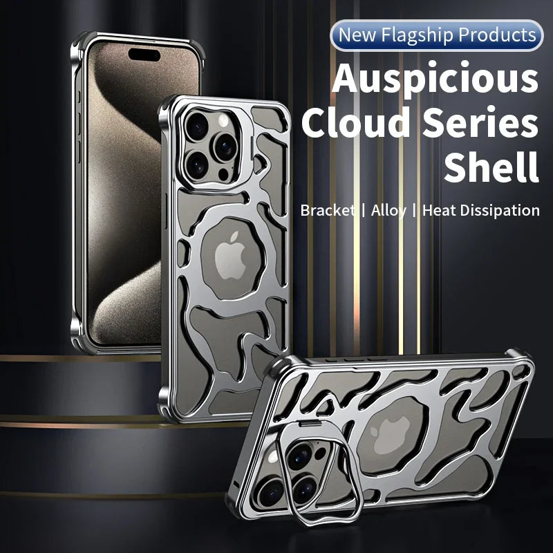 Magnetic Metal Phone Case For iPhone 13 14 15 16 Pro Max Invisible Bracket Aluminum Alloy Removable Heat Dissipation Phone Cover