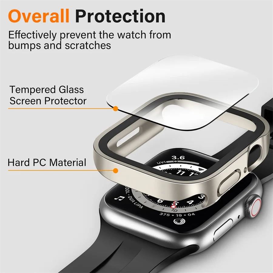 Glass+Case For Apple Watch 7 8 45mm 41mm 44mm 40mm PC straight edge Tempered Screen Protector Cover iWatch series 4 5 SE 6 7 8