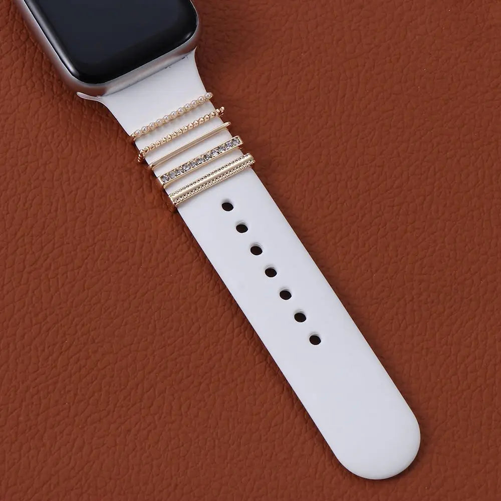 Pearl Diamond Metal Charms Decorative Ring For Apple Watch Band Smart Watch Silicone Strap Accessories For iwatch Bracelet