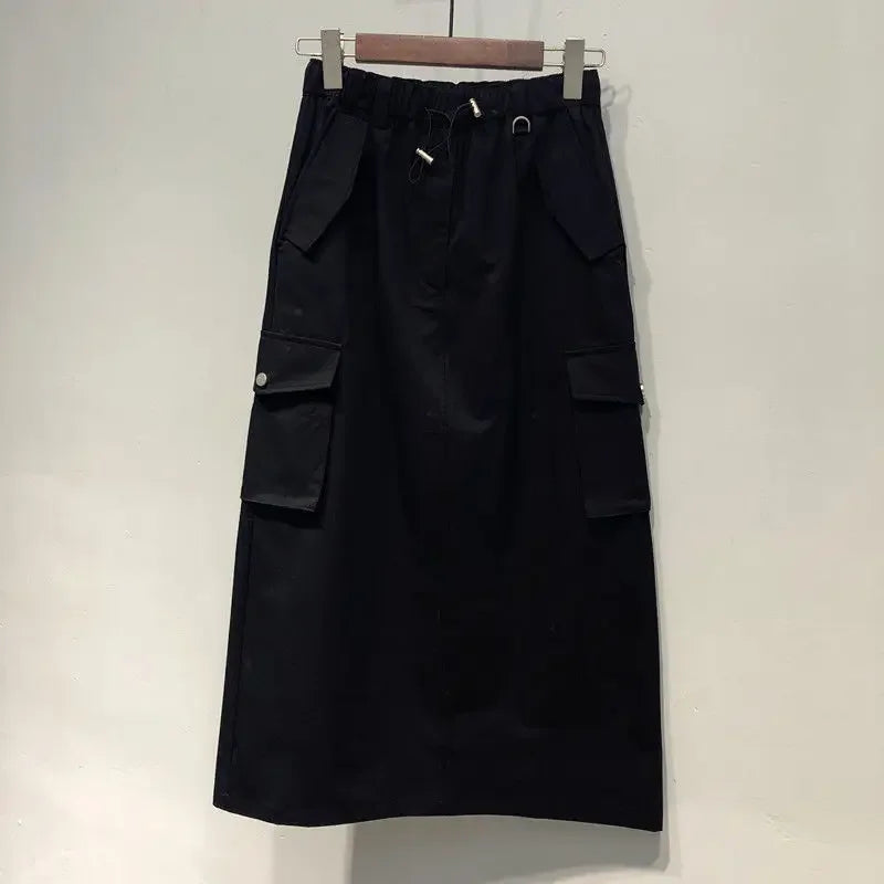 New Cargo Skirts for Women Long Skirts Elastic Waist Spring Summer Drawstring Girls Full Length Skirt Black