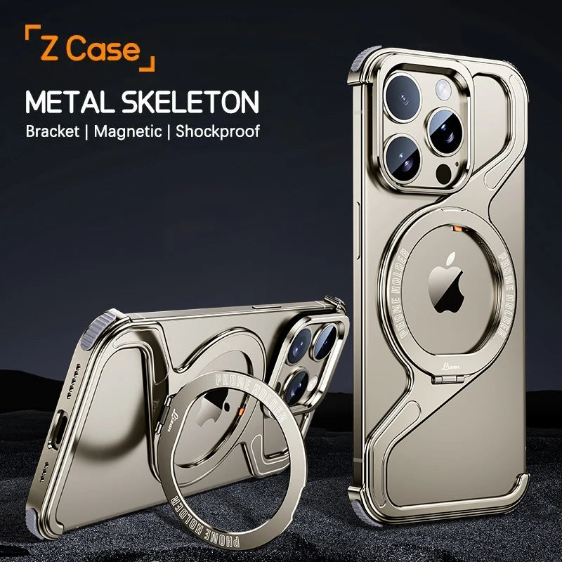 Metal Z Type Magnetic Phone Case For iPhone 13 14 15 16 Pro Max Aluminum Alloy Rimless Magsafe Snap-on Bracket Shockproof Cover