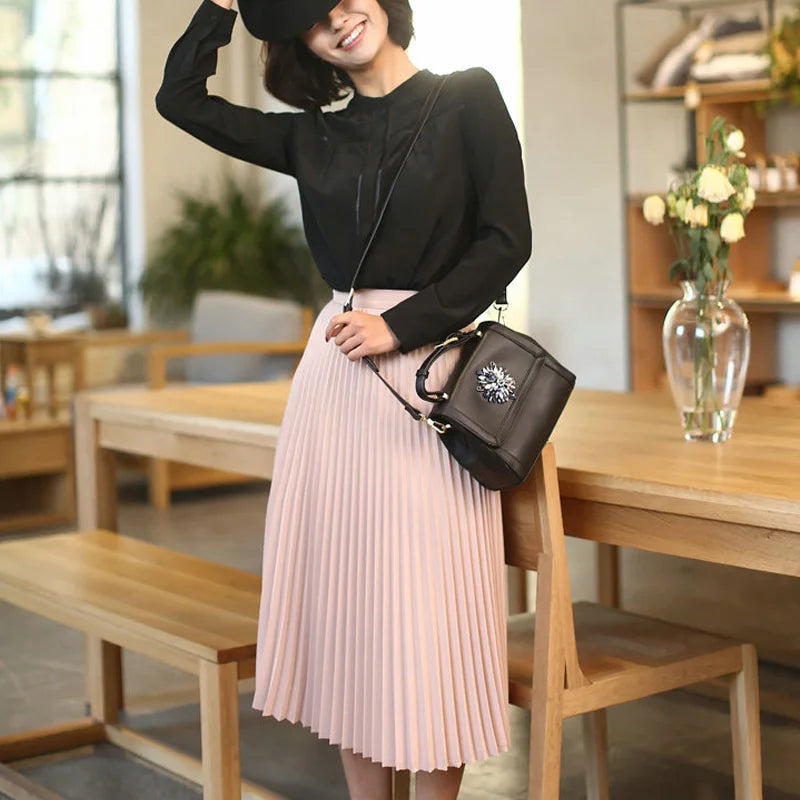 New Fashion Women's High Waist Pleated Solid Color Half Length Elastic Skirt Promotions Lady Black Pink