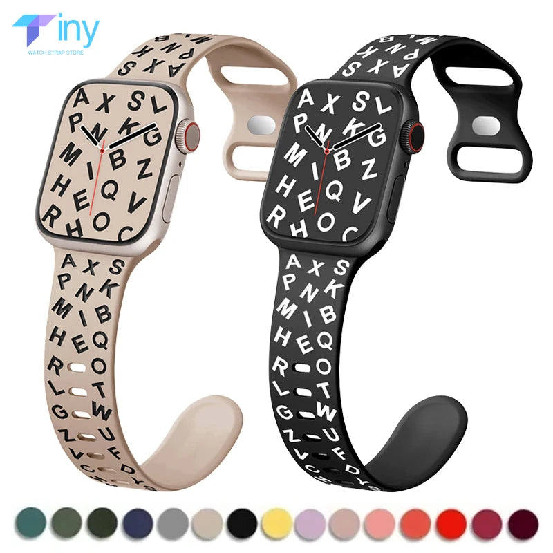 Printed Letter Strap for Apple Watch Ultra 2 Band 49mm 41mm 40mm 45mm 44mm Silicone Bracelet for IWatch Series 9 8 7 SE 6 5 4 3