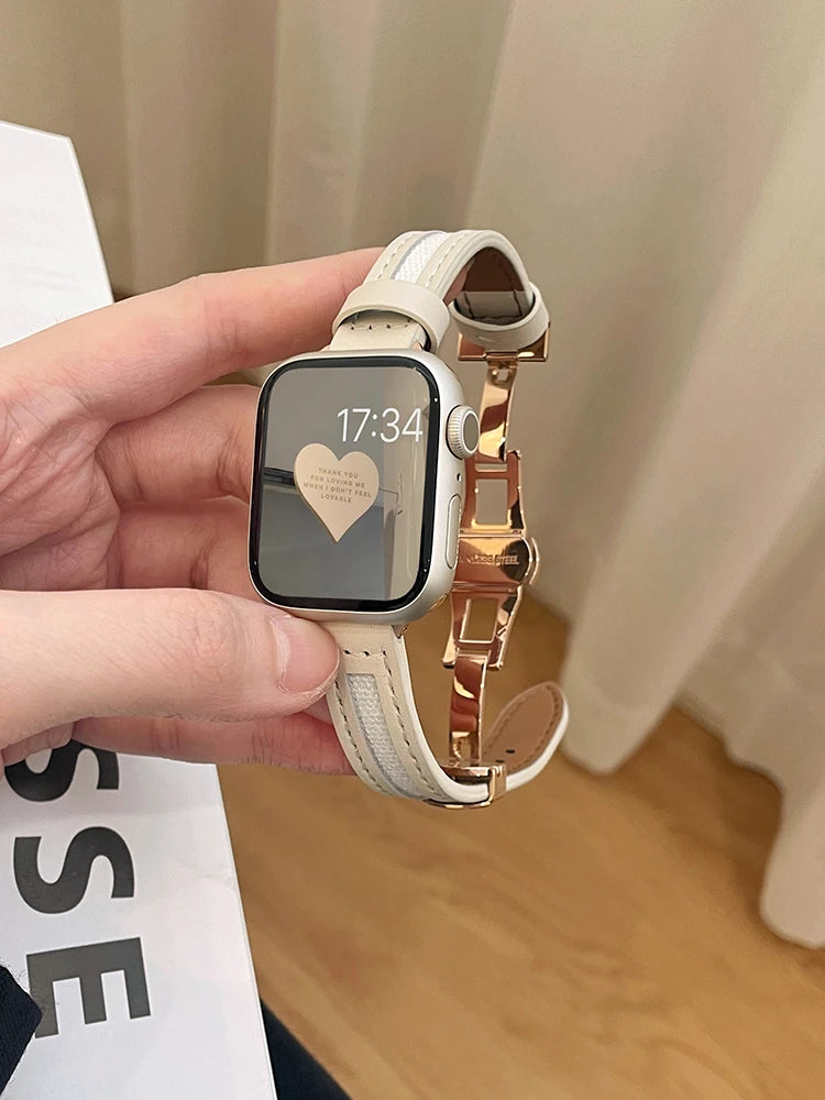 Butterfly Buckle Canvas Leather Strap For Apple Watch 8 7 6 SE 5 4 3 Small Slim Watchband 38mm 40mm 42 44 45 49 41mm For iwatch