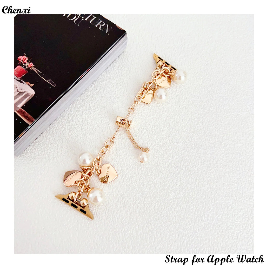 Metal strap for Apple watch band love bracelet chain for Iwatch87654321SE Ultra38 40 41 42 44 45 49mm women fashion pearl wrist