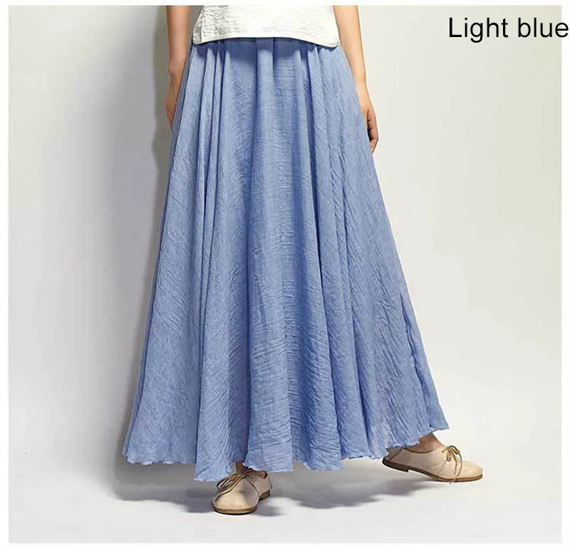 Women's Elegant High Waist Linen Maxi Skirt 2023 Summer Ladies Casual Elastic Waist 2 Layers Skirts saia feminina 20 Colors