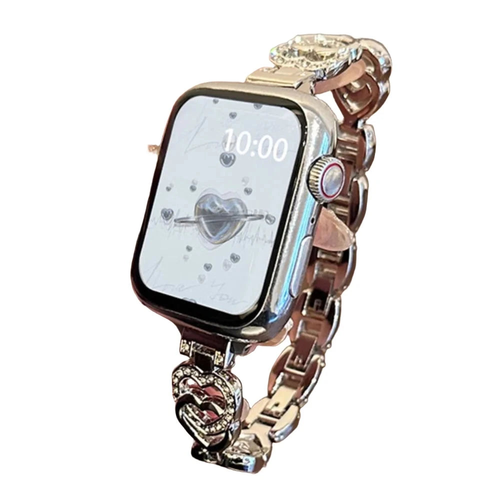 Strap Compatible For Apple Watch 40mm 41mm Lover Heart Bling Band For Women Shiny Diamond Bracelet For iWatch 9 8 7 6 SE 5 45mm